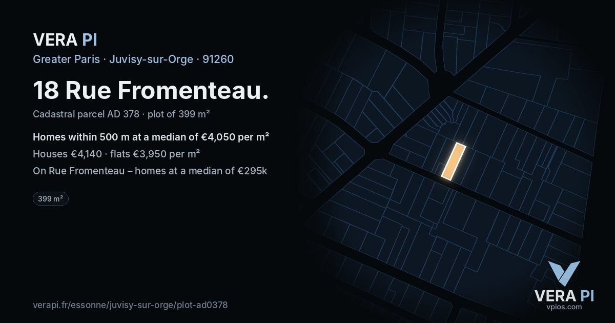 18 Rue Fromenteau, Juvisy-sur-Orge at night – the plot lit, the parcels around coloured by the prices near them