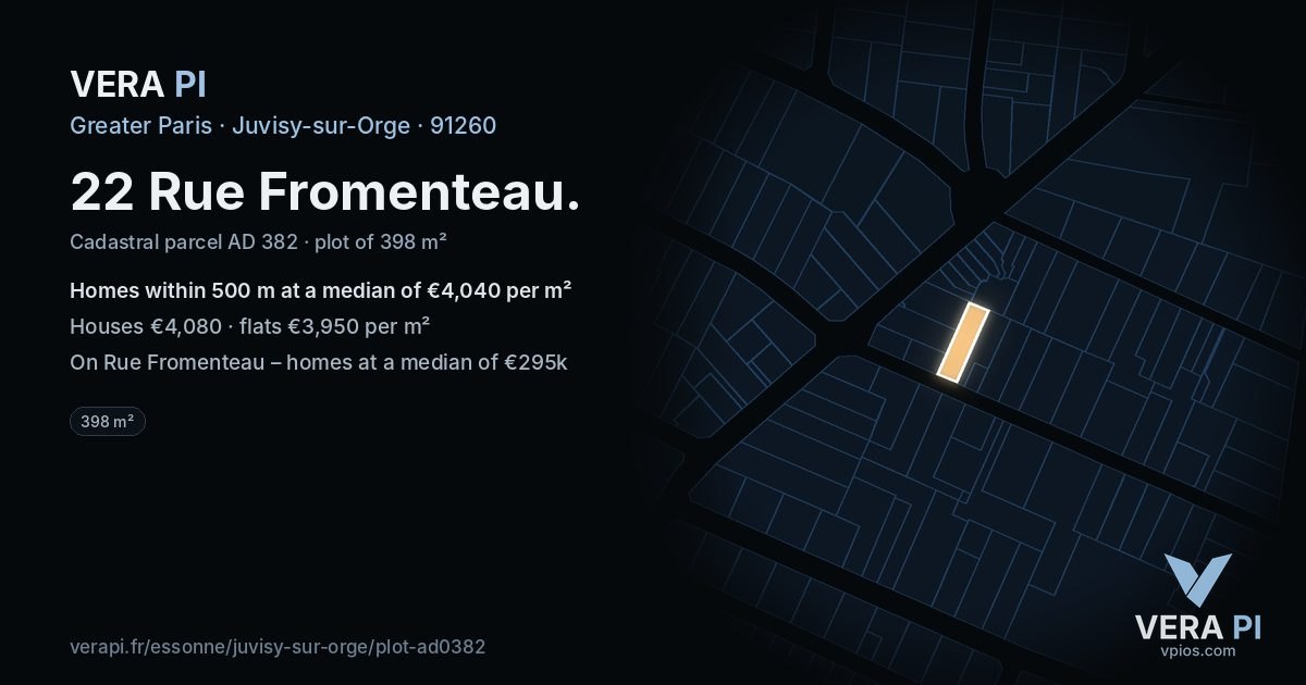 22 Rue Fromenteau, Juvisy-sur-Orge at night – the plot lit, the parcels around coloured by the prices near them