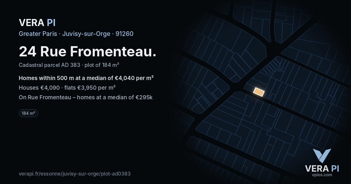 24 Rue Fromenteau, Juvisy-sur-Orge at night – the plot lit, the parcels around coloured by the prices near them