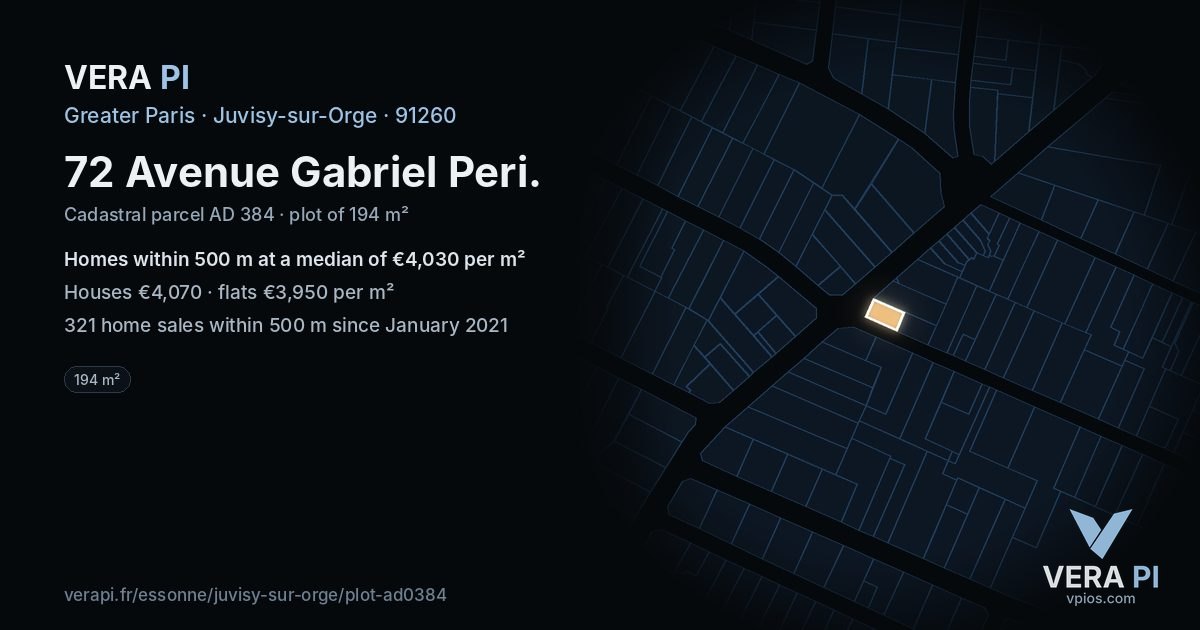 72 Avenue Gabriel Peri, Juvisy-sur-Orge at night – the plot lit, the parcels around coloured by the prices near them