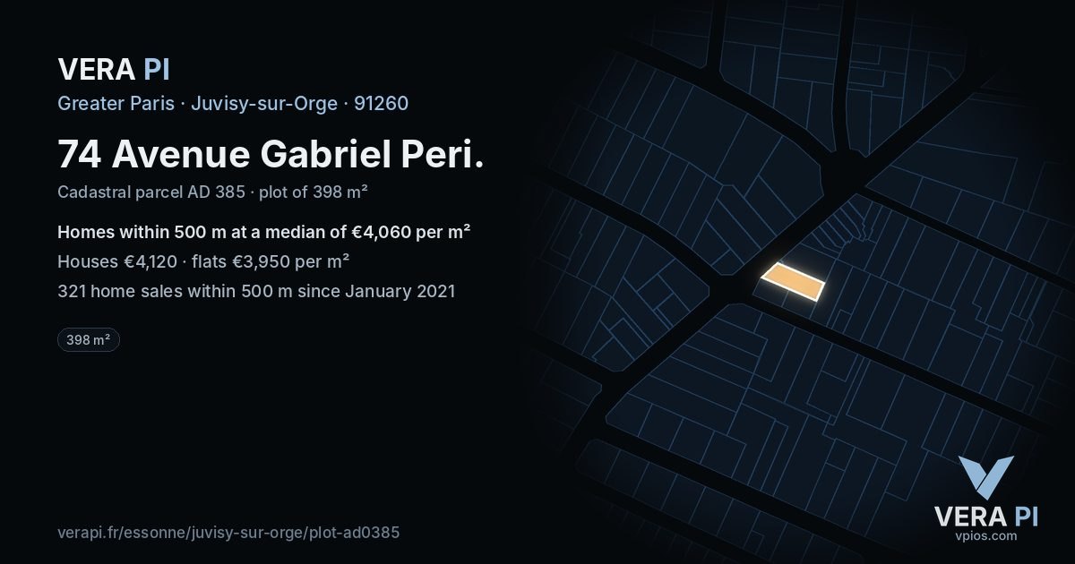 74 Avenue Gabriel Peri, Juvisy-sur-Orge at night – the plot lit, the parcels around coloured by the prices near them