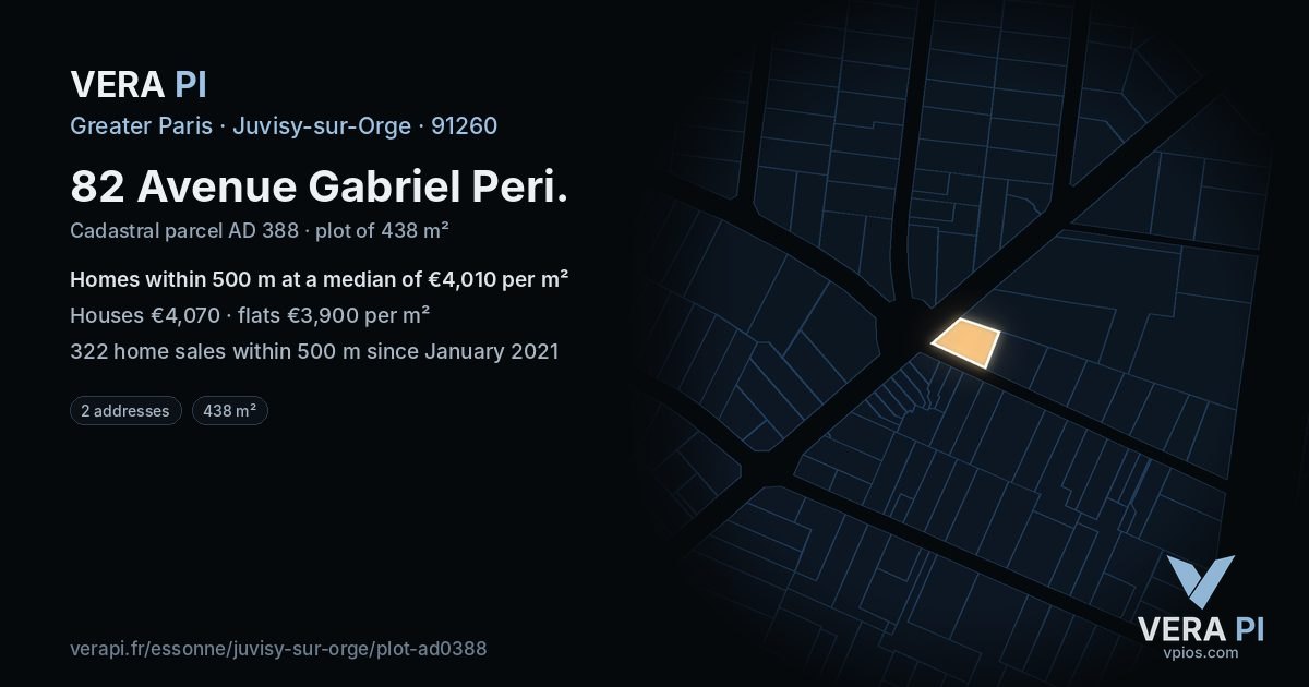 82 Avenue Gabriel Peri, Juvisy-sur-Orge at night – the plot lit, the parcels around coloured by the prices near them