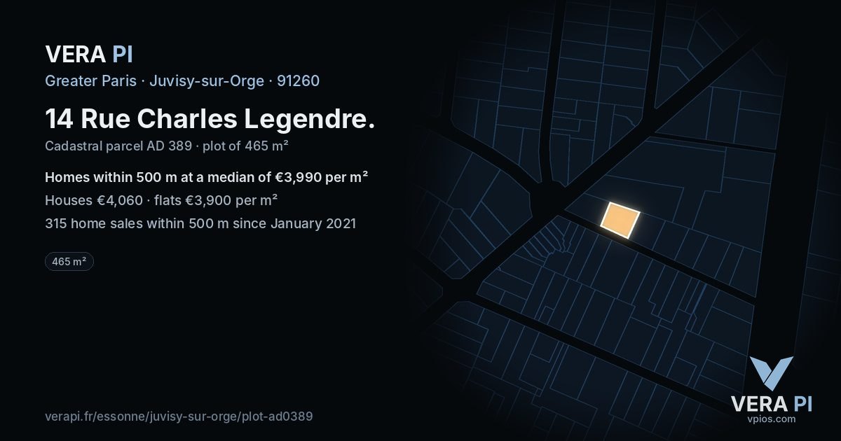 14 Rue Charles Legendre, Juvisy-sur-Orge at night – the plot lit, the parcels around coloured by the prices near them