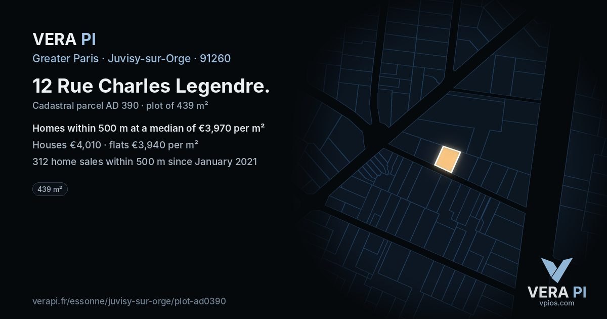 12 Rue Charles Legendre, Juvisy-sur-Orge at night – the plot lit, the parcels around coloured by the prices near them