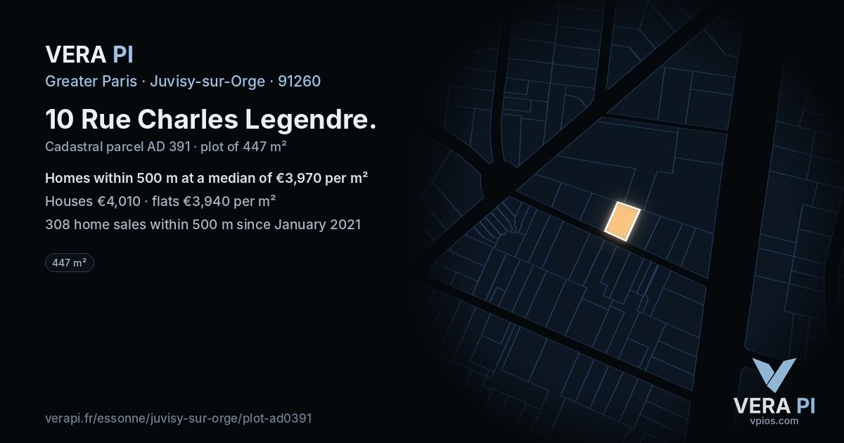 10 Rue Charles Legendre, Juvisy-sur-Orge at night – the plot lit, the parcels around coloured by the prices near them
