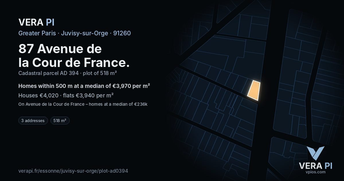 87 Avenue de la Cour de France, Juvisy-sur-Orge at night – the plot lit, the parcels around coloured by the prices near them