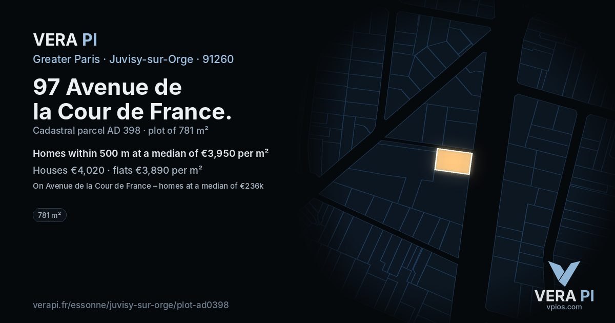 97 Avenue de la Cour de France, Juvisy-sur-Orge at night – the plot lit, the parcels around coloured by the prices near them