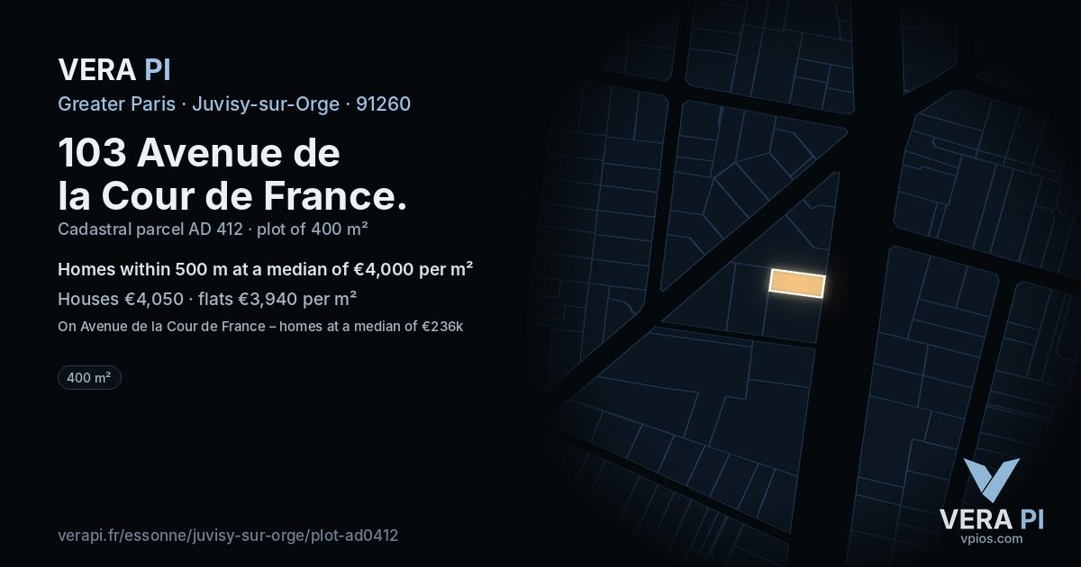 103 Avenue de la Cour de France, Juvisy-sur-Orge at night – the plot lit, the parcels around coloured by the prices near them