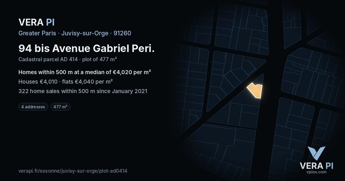 94 bis Avenue Gabriel Peri, Juvisy-sur-Orge at night – the plot lit, the parcels around coloured by the prices near them