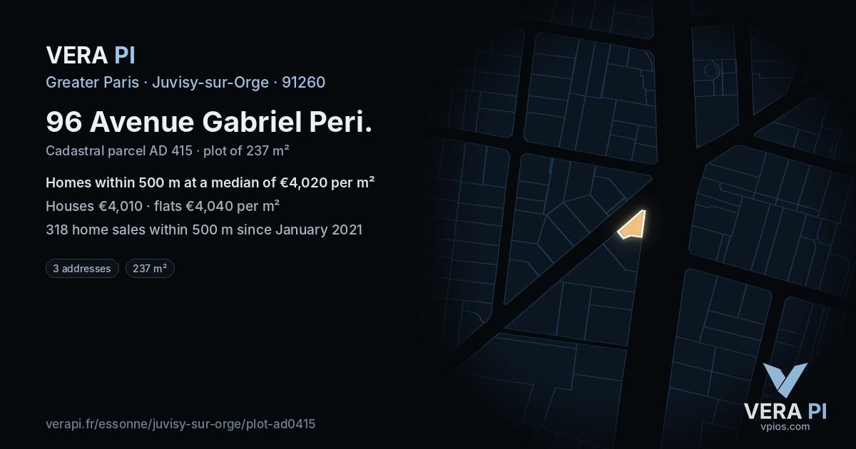 96 Avenue Gabriel Peri, Juvisy-sur-Orge at night – the plot lit, the parcels around coloured by the prices near them