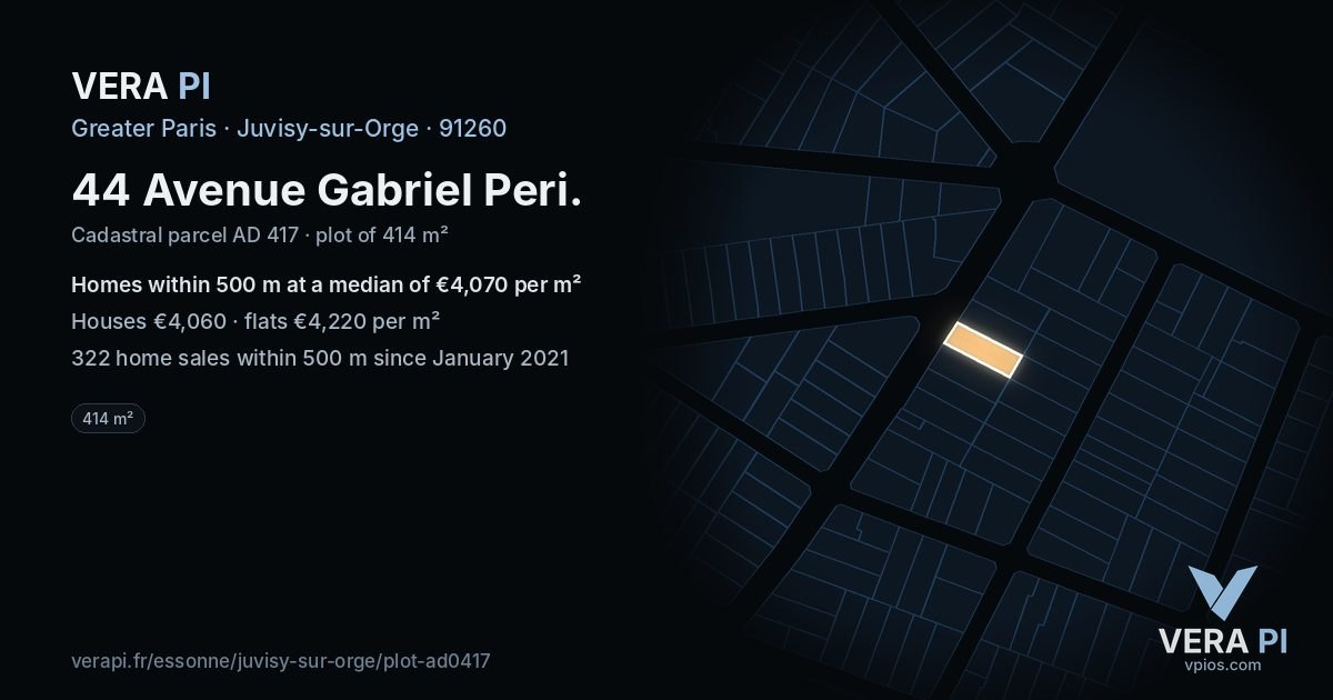 44 Avenue Gabriel Peri, Juvisy-sur-Orge at night – the plot lit, the parcels around coloured by the prices near them