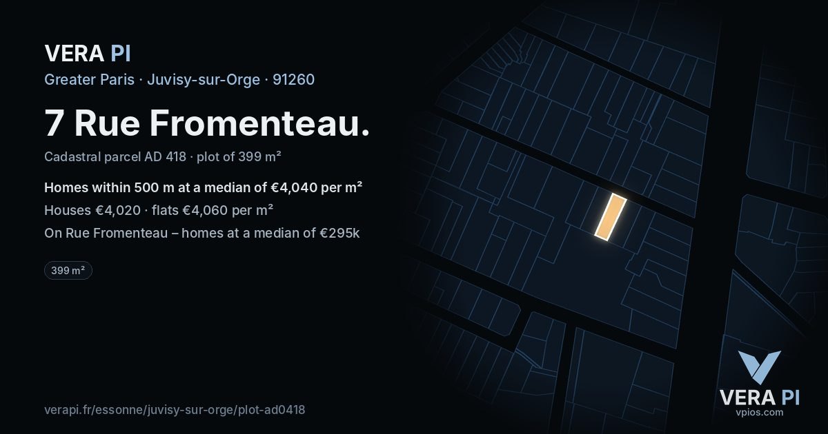 7 Rue Fromenteau, Juvisy-sur-Orge at night – the plot lit, the parcels around coloured by the prices near them