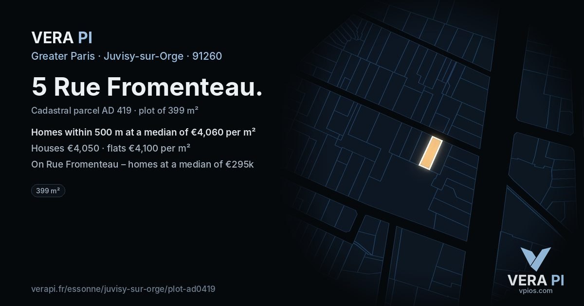 5 Rue Fromenteau, Juvisy-sur-Orge at night – the plot lit, the parcels around coloured by the prices near them