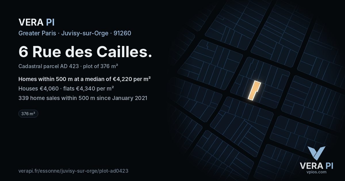 6 Rue des Cailles, Juvisy-sur-Orge at night – the plot lit, the parcels around coloured by the prices near them