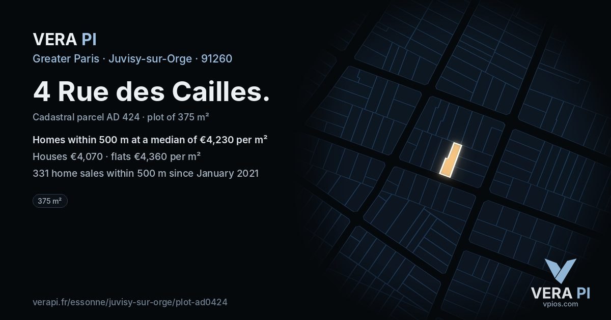 4 Rue des Cailles, Juvisy-sur-Orge at night – the plot lit, the parcels around coloured by the prices near them
