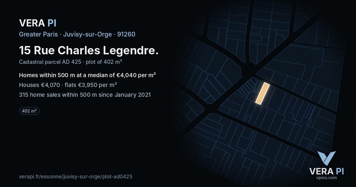 15 Rue Charles Legendre, Juvisy-sur-Orge at night – the plot lit, the parcels around coloured by the prices near them