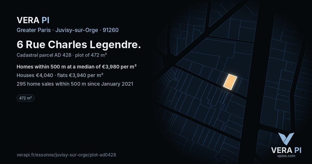6 Rue Charles Legendre, Juvisy-sur-Orge at night – the plot lit, the parcels around coloured by the prices near them