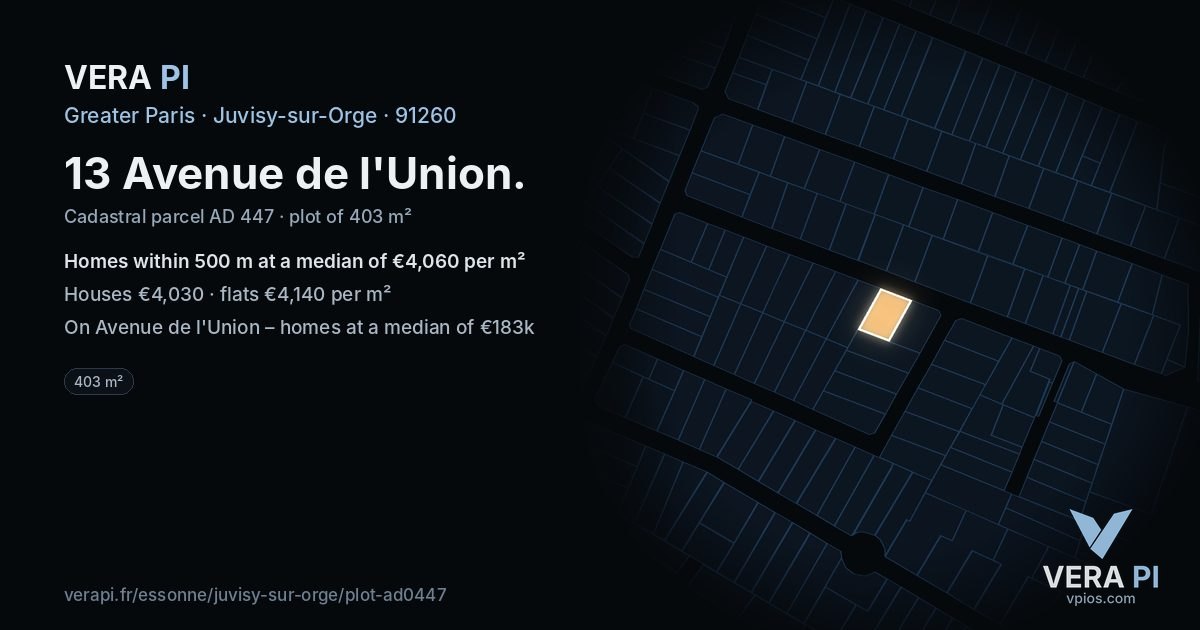 13 Avenue de l'Union, Juvisy-sur-Orge at night – the plot lit, the parcels around coloured by the prices near them