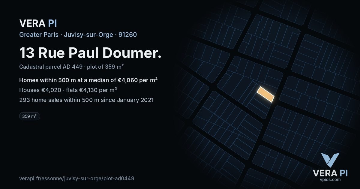 13 Rue Paul Doumer, Juvisy-sur-Orge at night – the plot lit, the parcels around coloured by the prices near them