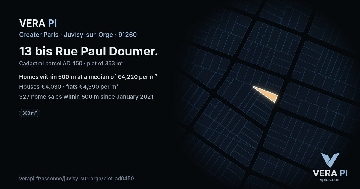 13 bis Rue Paul Doumer, Juvisy-sur-Orge at night – the plot lit, the parcels around coloured by the prices near them
