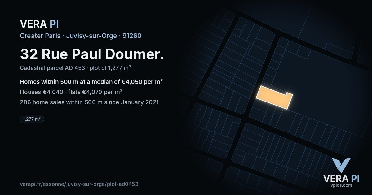 32 Rue Paul Doumer, Juvisy-sur-Orge at night – the plot lit, the parcels around coloured by the prices near them