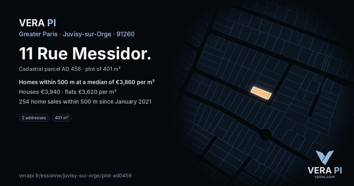 11 Rue Messidor, Juvisy-sur-Orge at night – the plot lit, the parcels around coloured by the prices near them