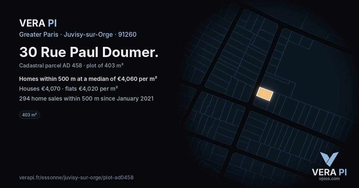 30 Rue Paul Doumer, Juvisy-sur-Orge at night – the plot lit, the parcels around coloured by the prices near them