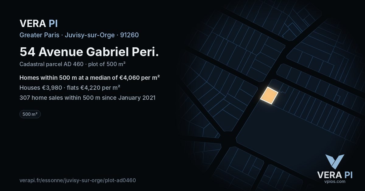 54 Avenue Gabriel Peri, Juvisy-sur-Orge at night – the plot lit, the parcels around coloured by the prices near them