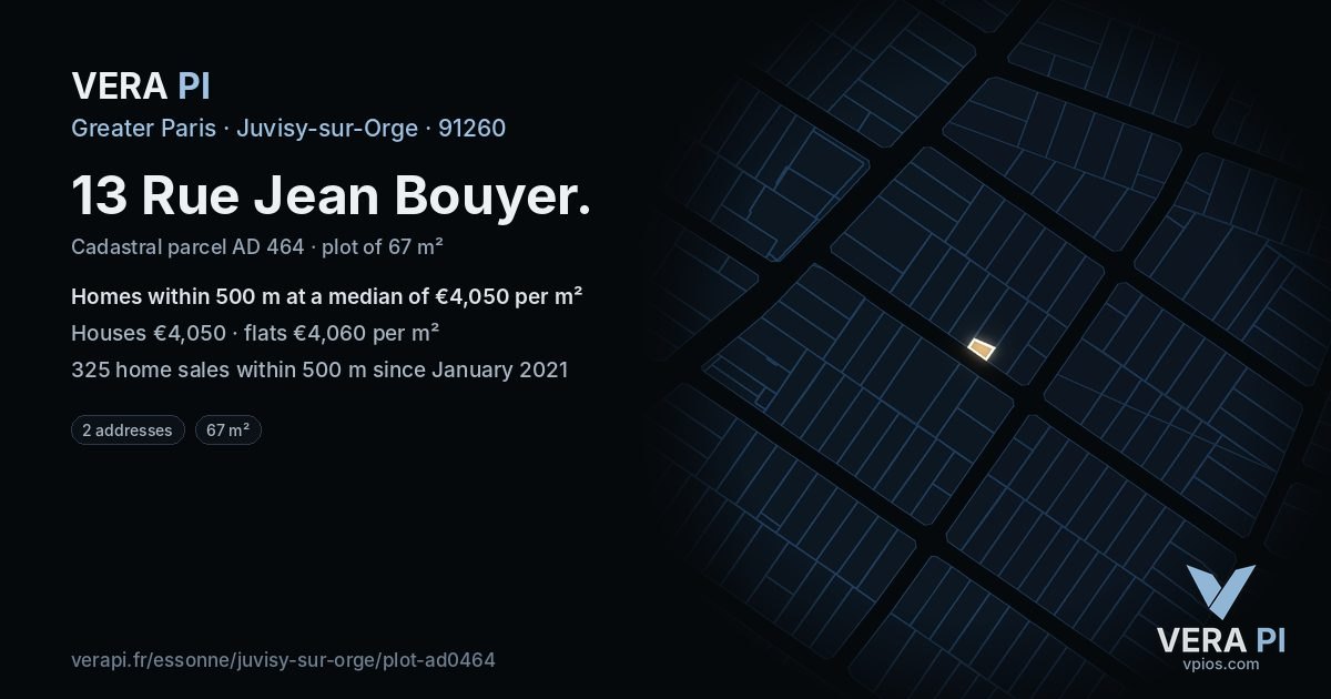 13 Rue Jean Bouyer, Juvisy-sur-Orge at night – the plot lit, the parcels around coloured by the prices near them