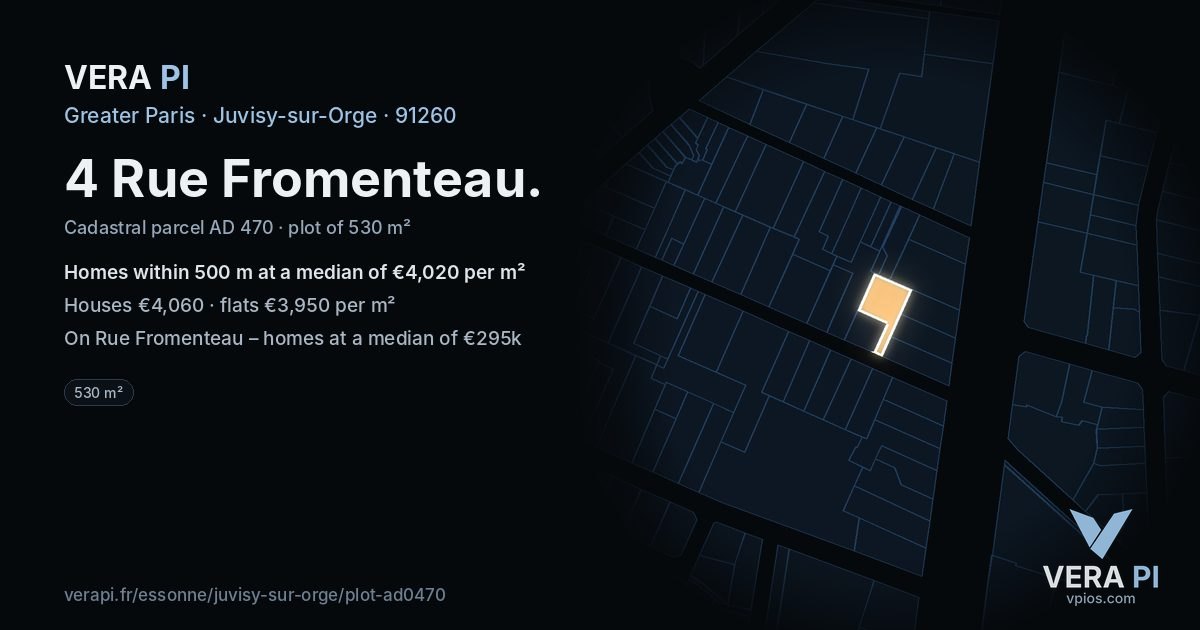4 Rue Fromenteau, Juvisy-sur-Orge at night – the plot lit, the parcels around coloured by the prices near them