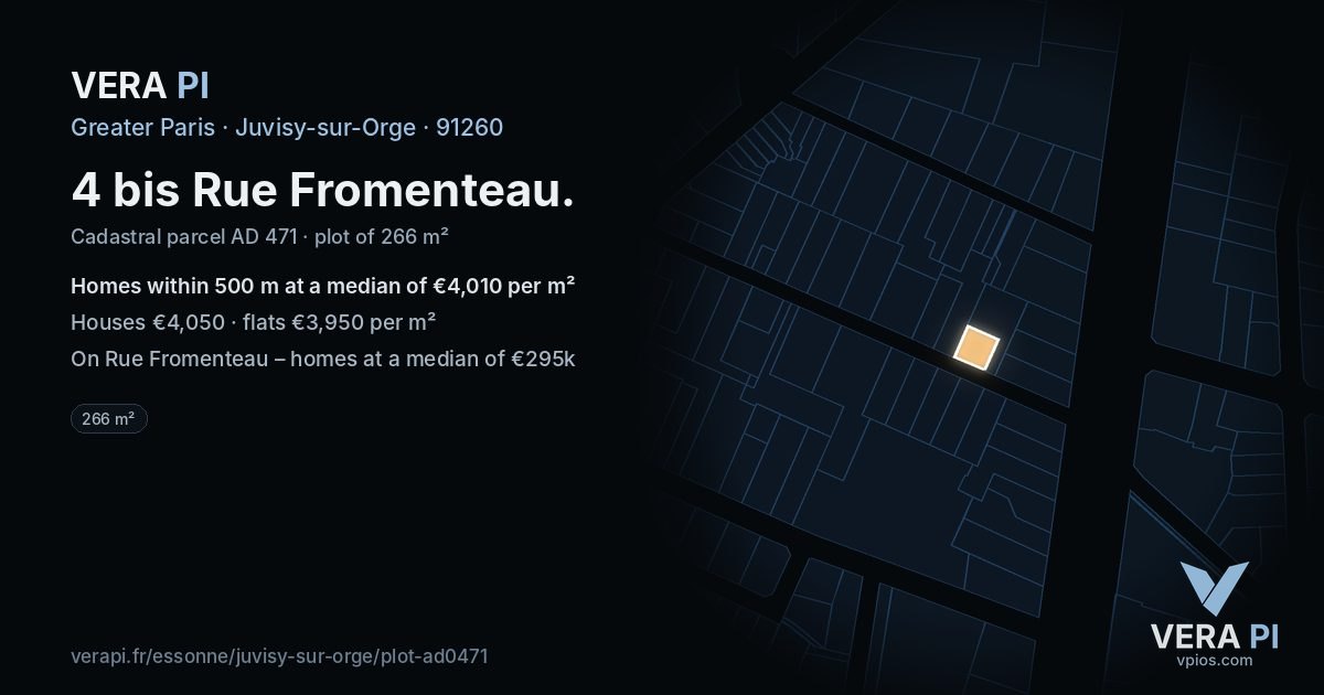 4 bis Rue Fromenteau, Juvisy-sur-Orge at night – the plot lit, the parcels around coloured by the prices near them