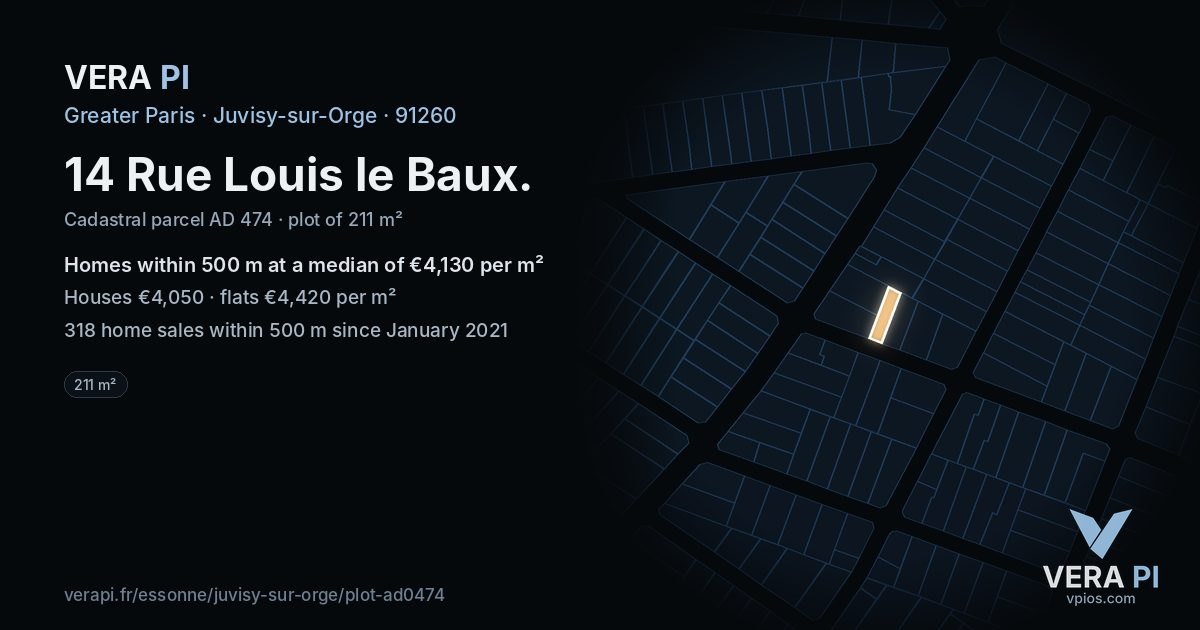 14 Rue Louis le Baux, Juvisy-sur-Orge at night – the plot lit, the parcels around coloured by the prices near them
