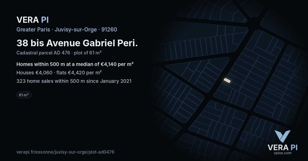 38 bis Avenue Gabriel Peri, Juvisy-sur-Orge at night – the plot lit, the parcels around coloured by the prices near them