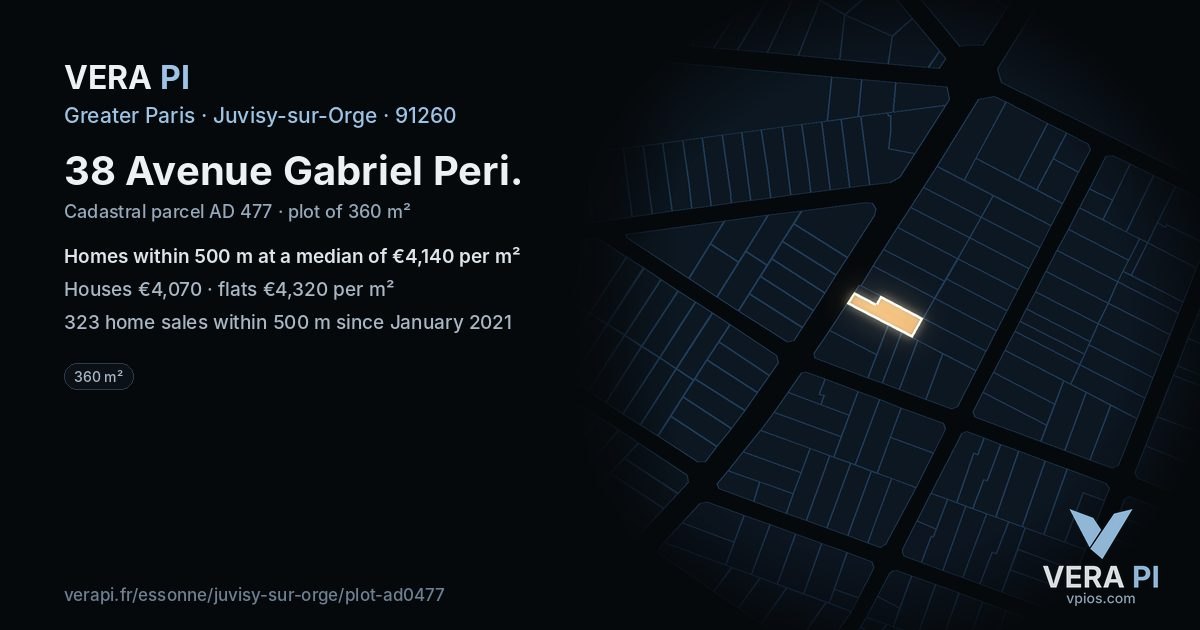 38 Avenue Gabriel Peri, Juvisy-sur-Orge at night – the plot lit, the parcels around coloured by the prices near them