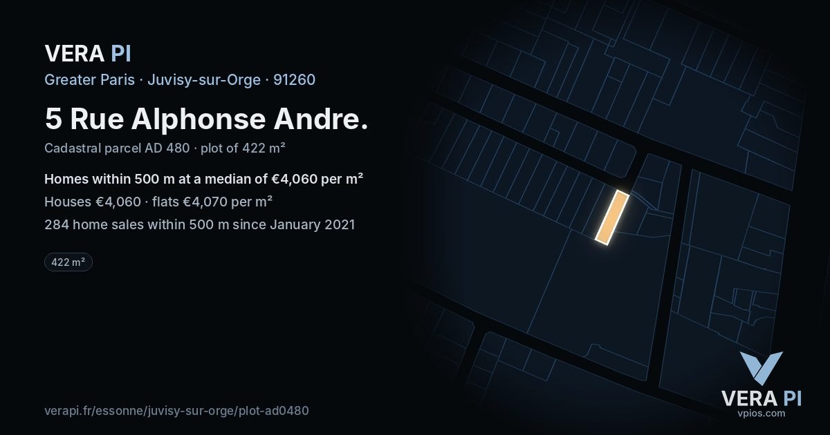 5 Rue Alphonse Andre, Juvisy-sur-Orge at night – the plot lit, the parcels around coloured by the prices near them