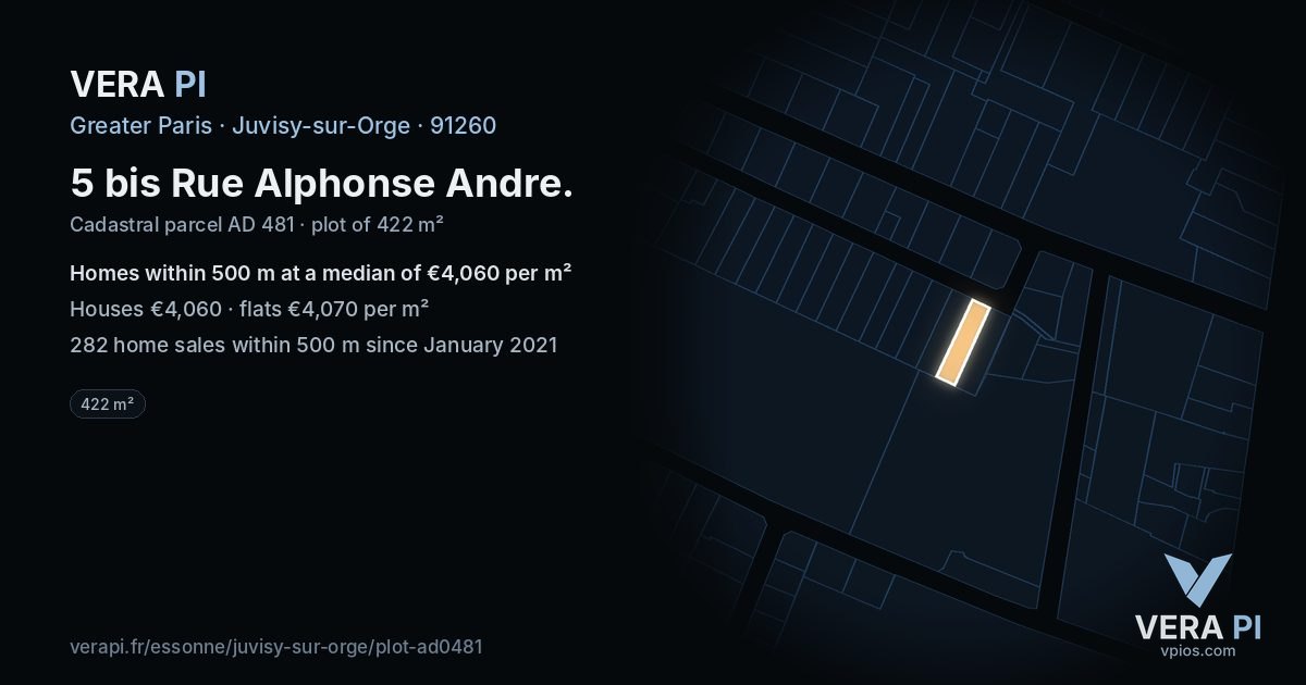 5 bis Rue Alphonse Andre, Juvisy-sur-Orge at night – the plot lit, the parcels around coloured by the prices near them