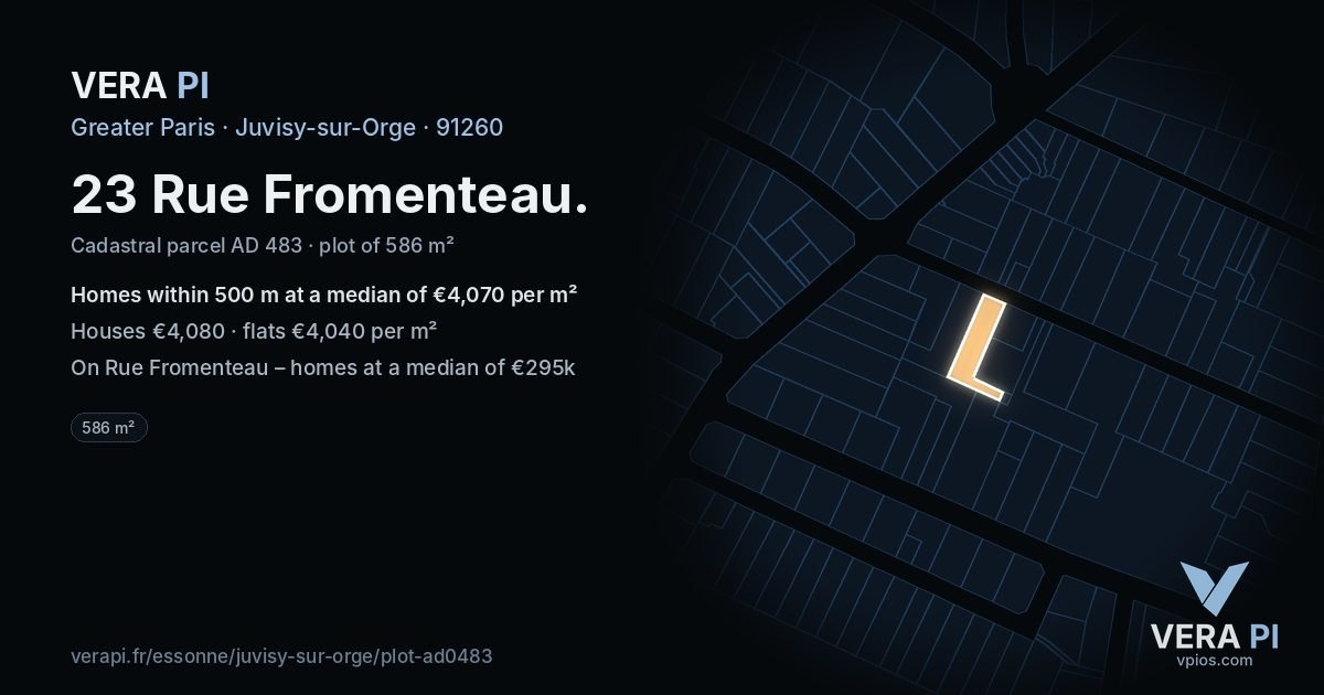 23 Rue Fromenteau, Juvisy-sur-Orge at night – the plot lit, the parcels around coloured by the prices near them