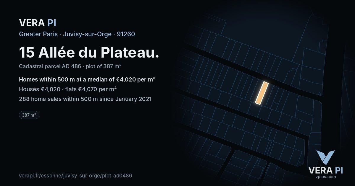 15 Allée du Plateau, Juvisy-sur-Orge at night – the plot lit, the parcels around coloured by the prices near them