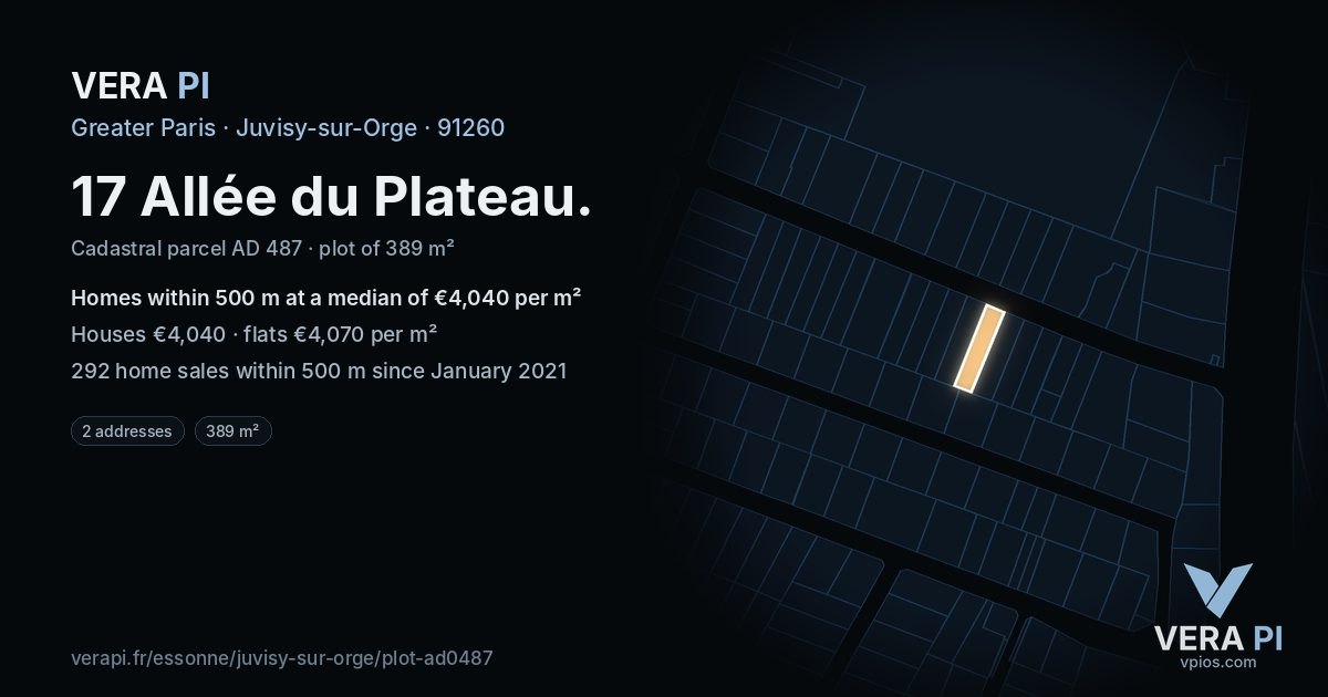 17 Allée du Plateau, Juvisy-sur-Orge at night – the plot lit, the parcels around coloured by the prices near them
