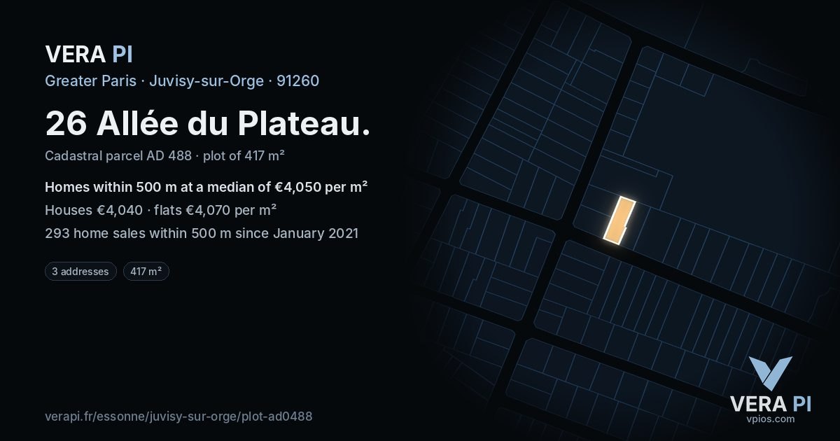 26 Allée du Plateau, Juvisy-sur-Orge at night – the plot lit, the parcels around coloured by the prices near them