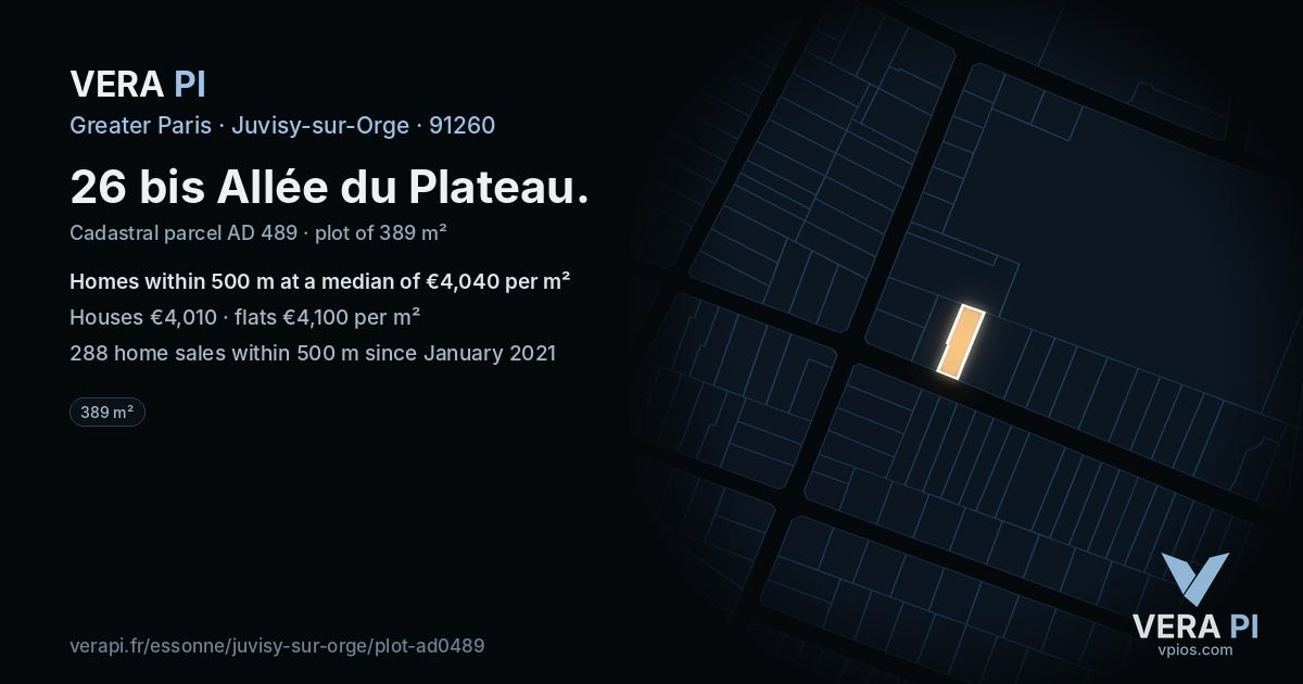 26 bis Allée du Plateau, Juvisy-sur-Orge at night – the plot lit, the parcels around coloured by the prices near them