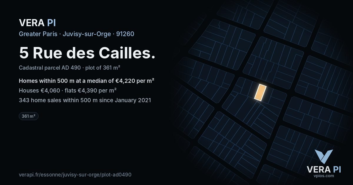 5 Rue des Cailles, Juvisy-sur-Orge at night – the plot lit, the parcels around coloured by the prices near them