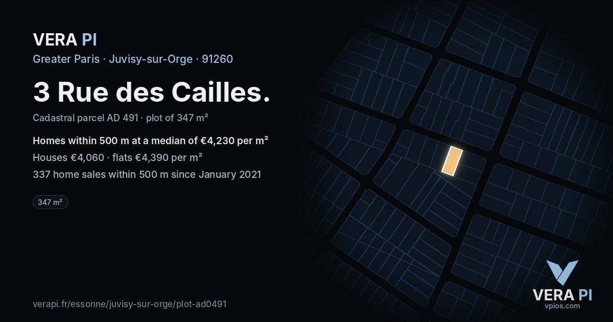 3 Rue des Cailles, Juvisy-sur-Orge at night – the plot lit, the parcels around coloured by the prices near them