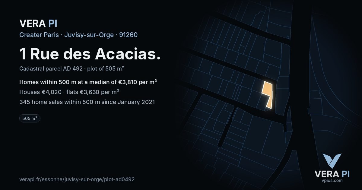 1 Rue des Acacias, Juvisy-sur-Orge at night – the plot lit, the parcels around coloured by the prices near them