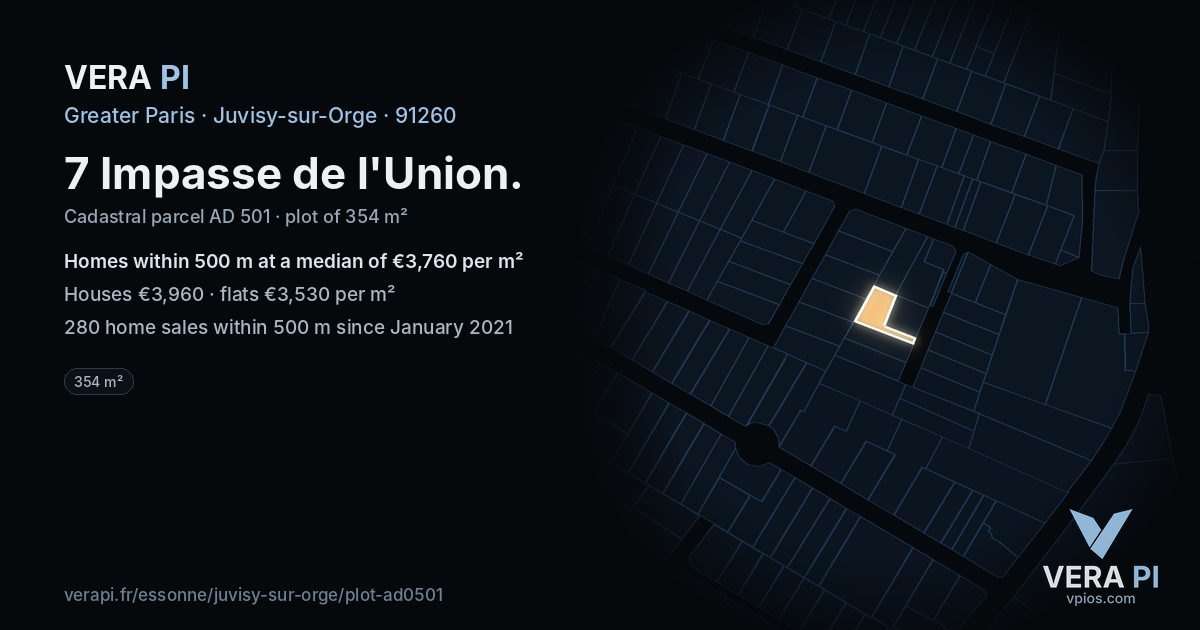 7 Impasse de l'Union, Juvisy-sur-Orge at night – the plot lit, the parcels around coloured by the prices near them