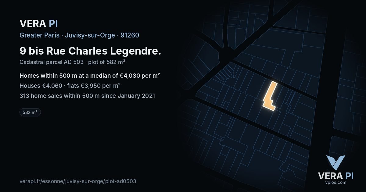 9 bis Rue Charles Legendre, Juvisy-sur-Orge at night – the plot lit, the parcels around coloured by the prices near them