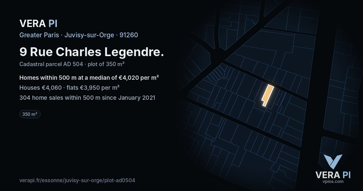 9 Rue Charles Legendre, Juvisy-sur-Orge at night – the plot lit, the parcels around coloured by the prices near them