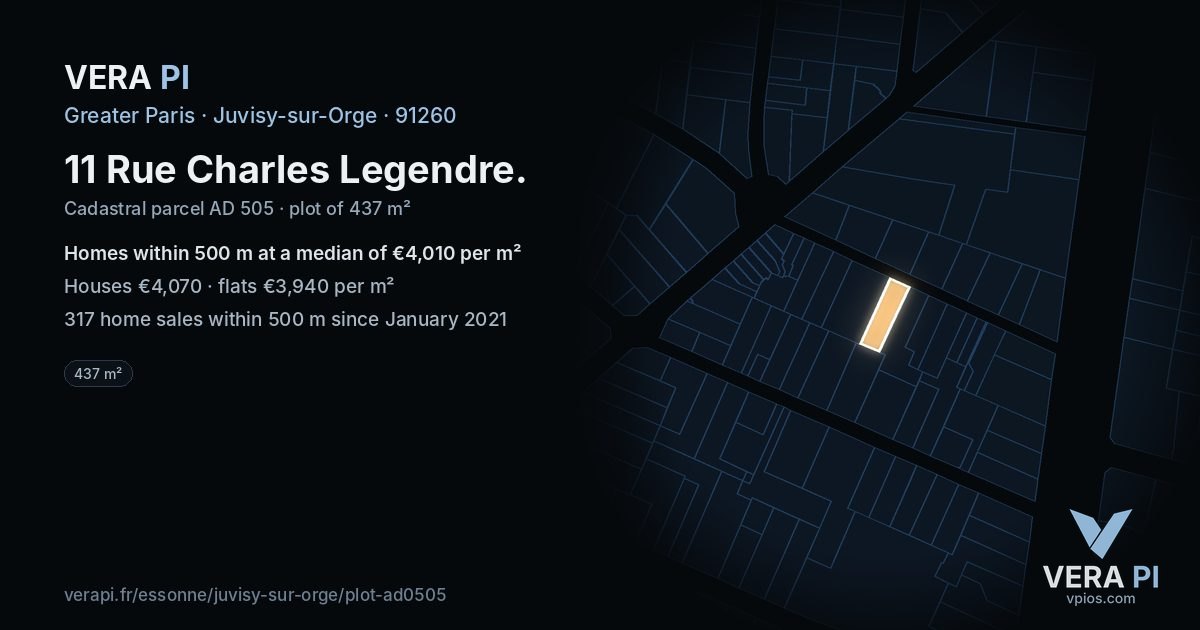 11 Rue Charles Legendre, Juvisy-sur-Orge at night – the plot lit, the parcels around coloured by the prices near them