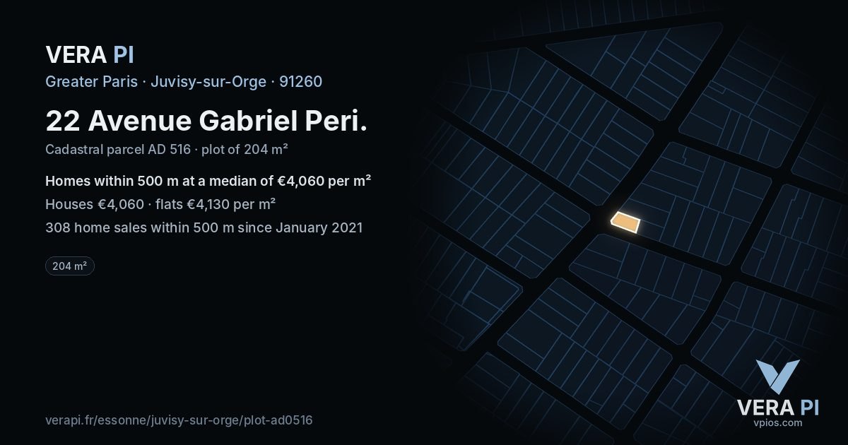 22 Avenue Gabriel Peri, Juvisy-sur-Orge at night – the plot lit, the parcels around coloured by the prices near them