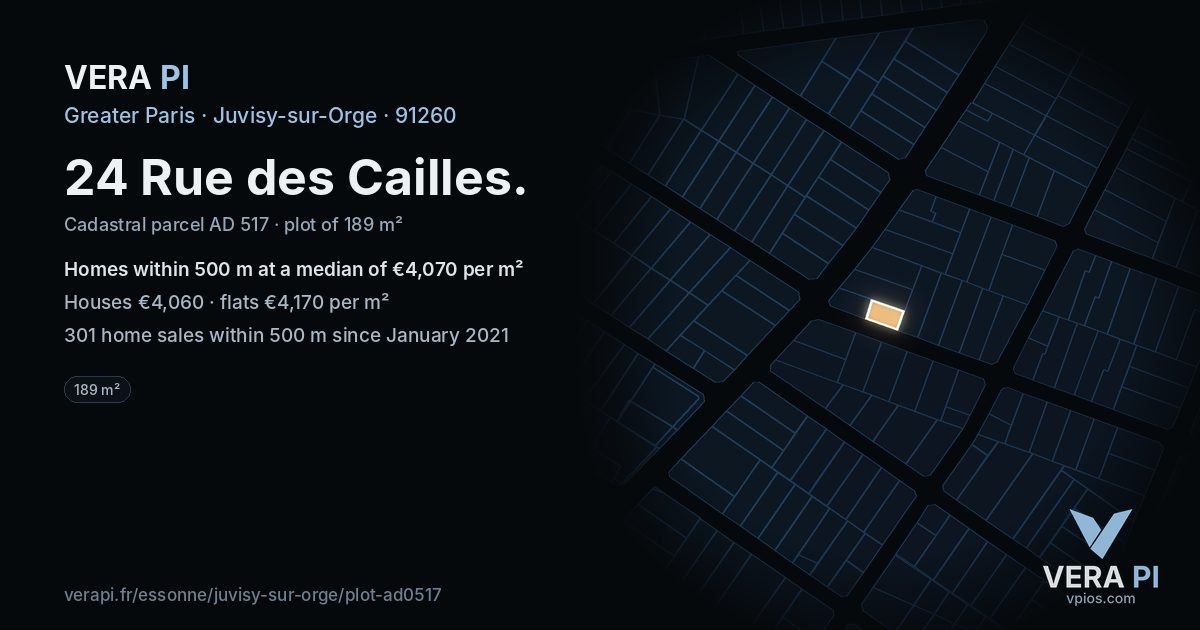 24 Rue des Cailles, Juvisy-sur-Orge at night – the plot lit, the parcels around coloured by the prices near them